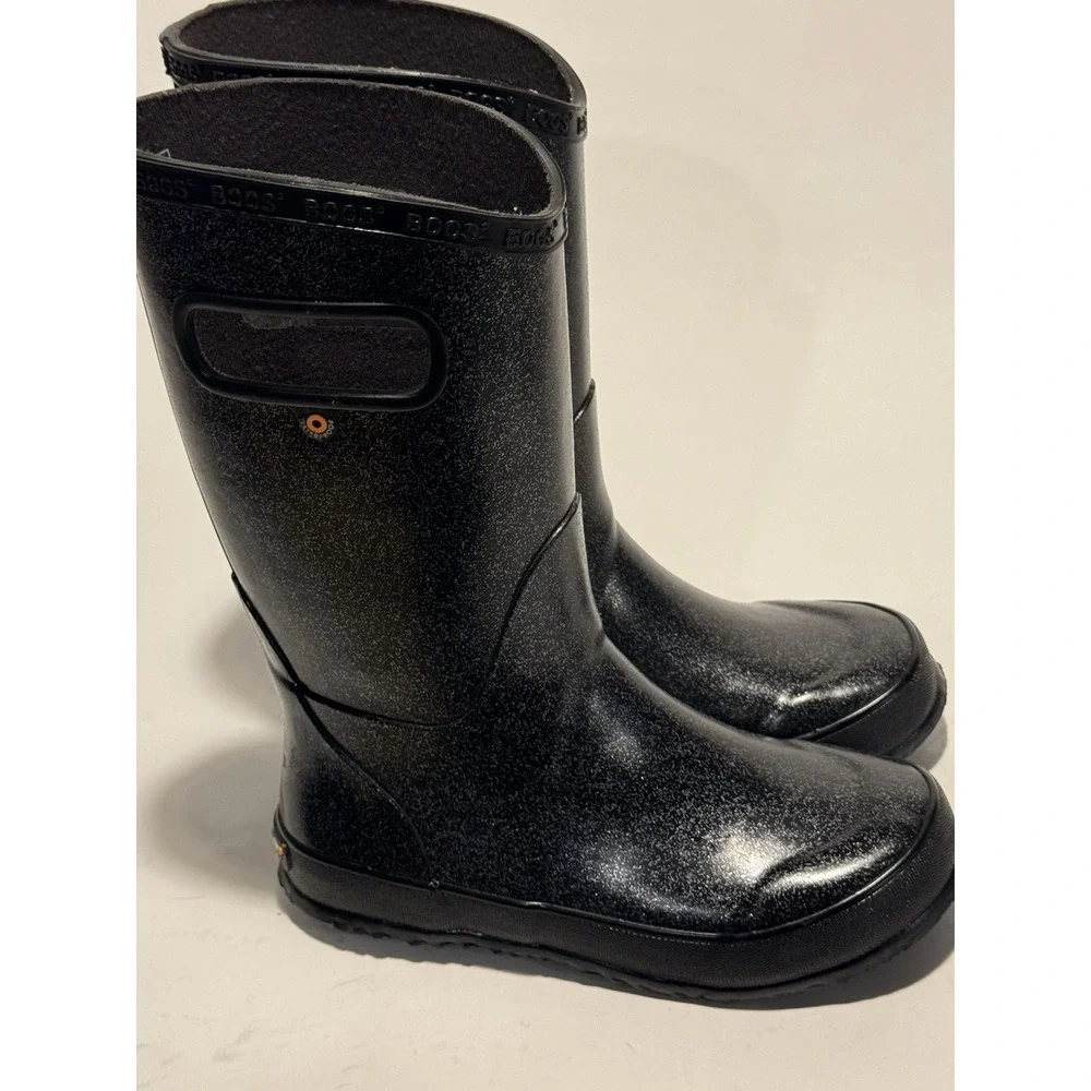 Bogs Girls Size 2 Black Glitter Boot Waterproof Rain Shoes Pull On